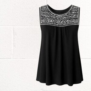 Forgotton Grace Black Sleeveless White Embroidered Loose Fit Top Size M